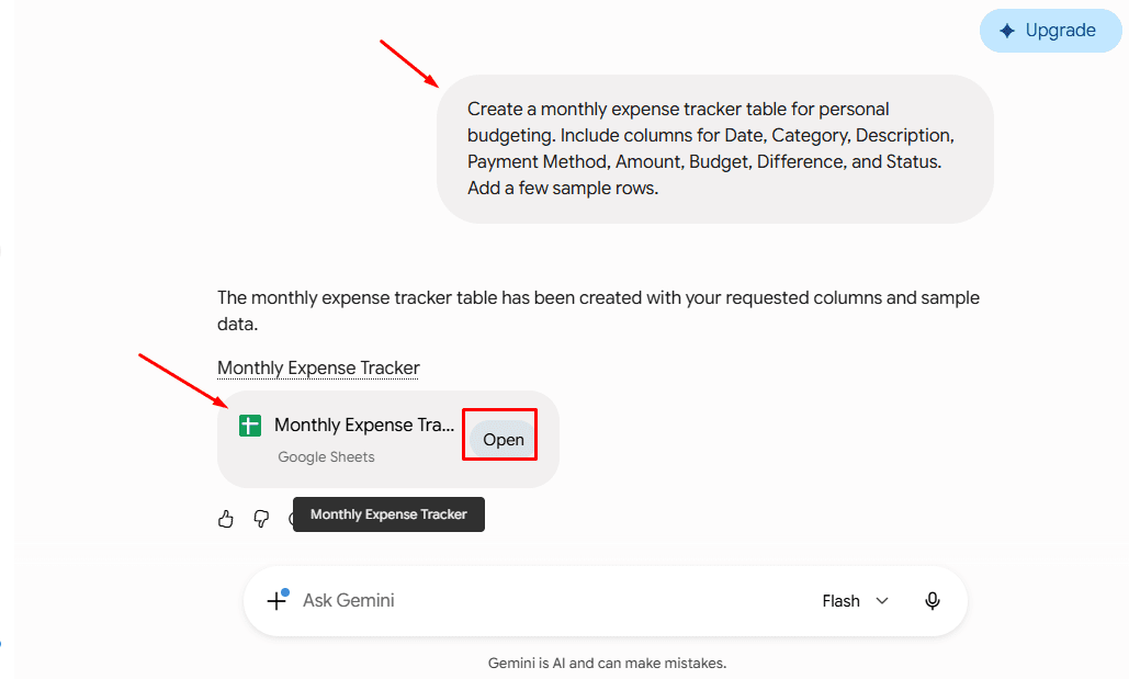 Gemini web app generating an expense tracker table