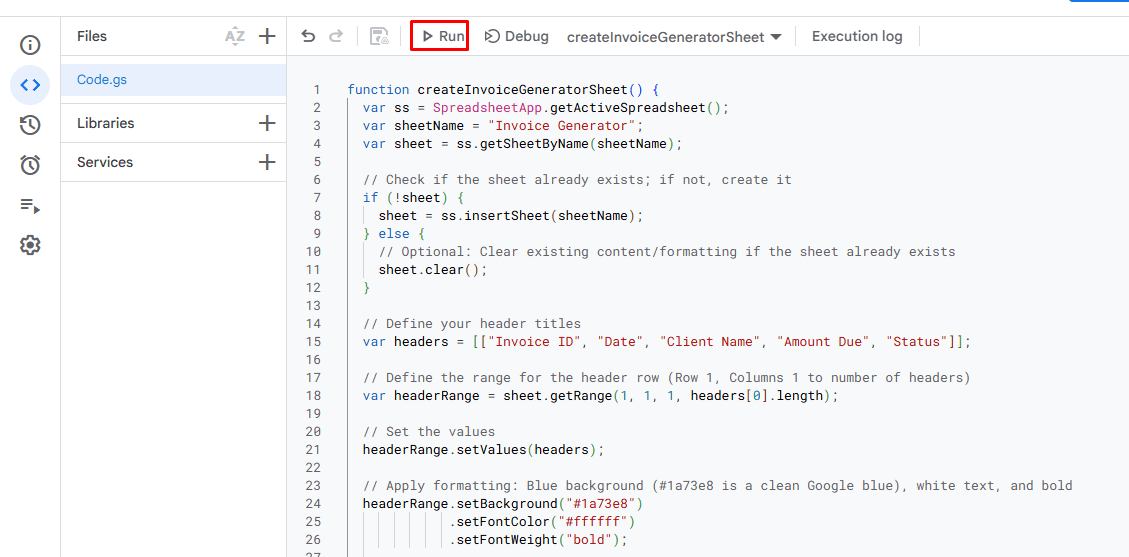 Apps Script editor in Google Sheets with pasted code