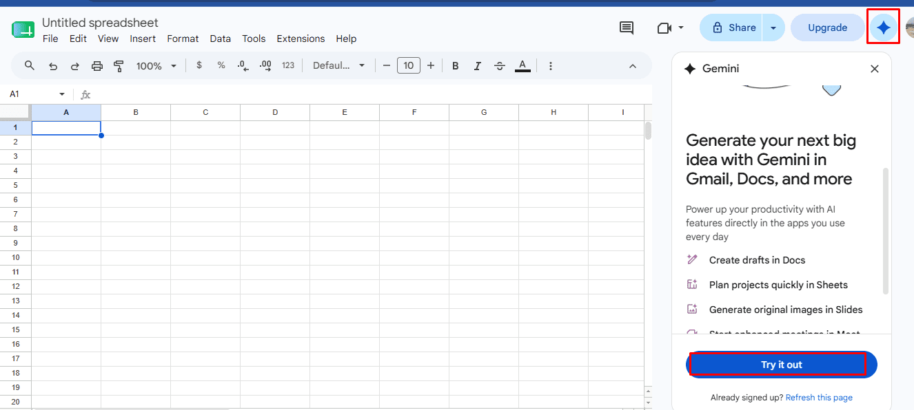 Ask Gemini side panel open in Google Sheets