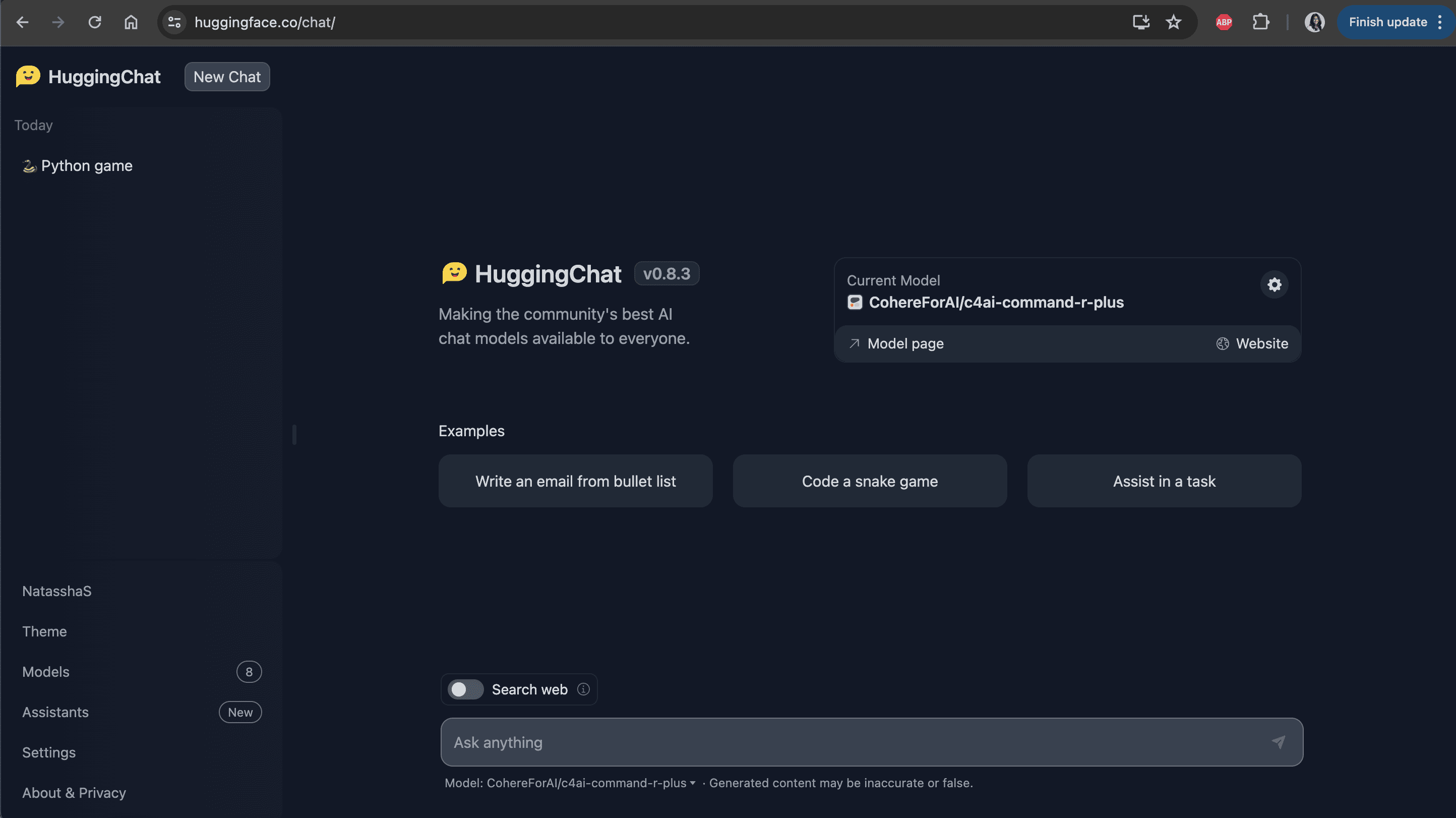 A screenshot of HuggingChat's interface
