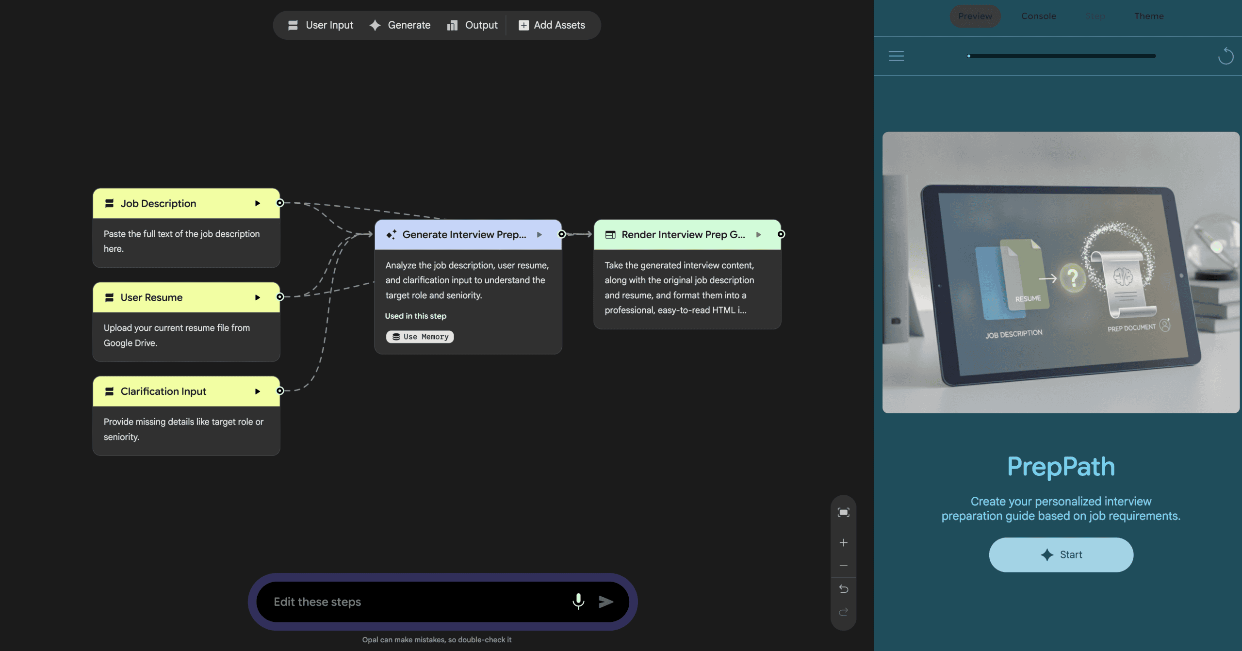 A screenshot of the Editor canvas immediately after generating from the prompt above, showing the auto-created User Input, Agent Generate, and Output nodes already connected in sequence