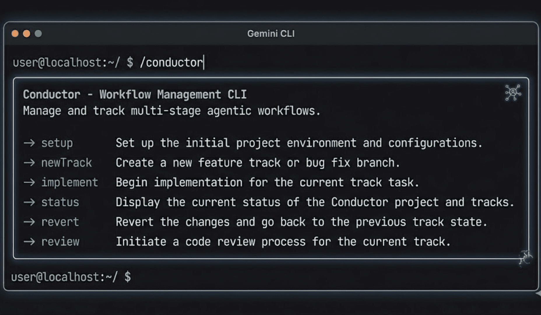 The Gemini CLI terminal after typing /conductor showing the list of available sub-commands