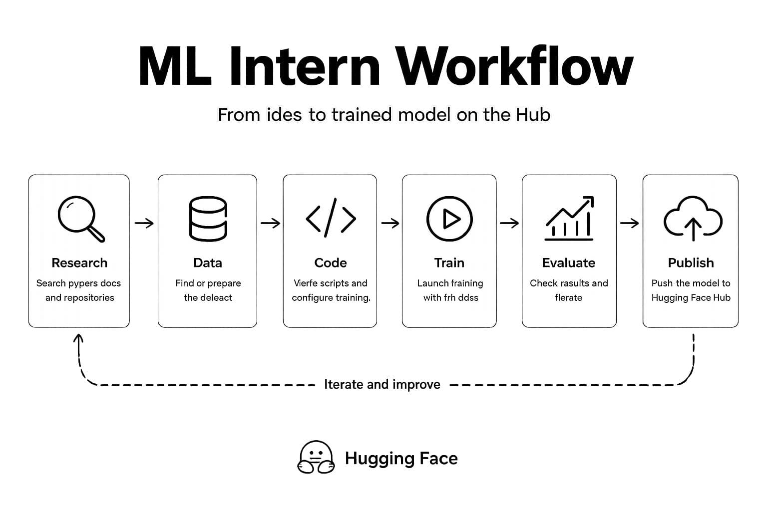 ML Intern iterative workflow: Research, Data, Code, Train, Evaluate, Publish