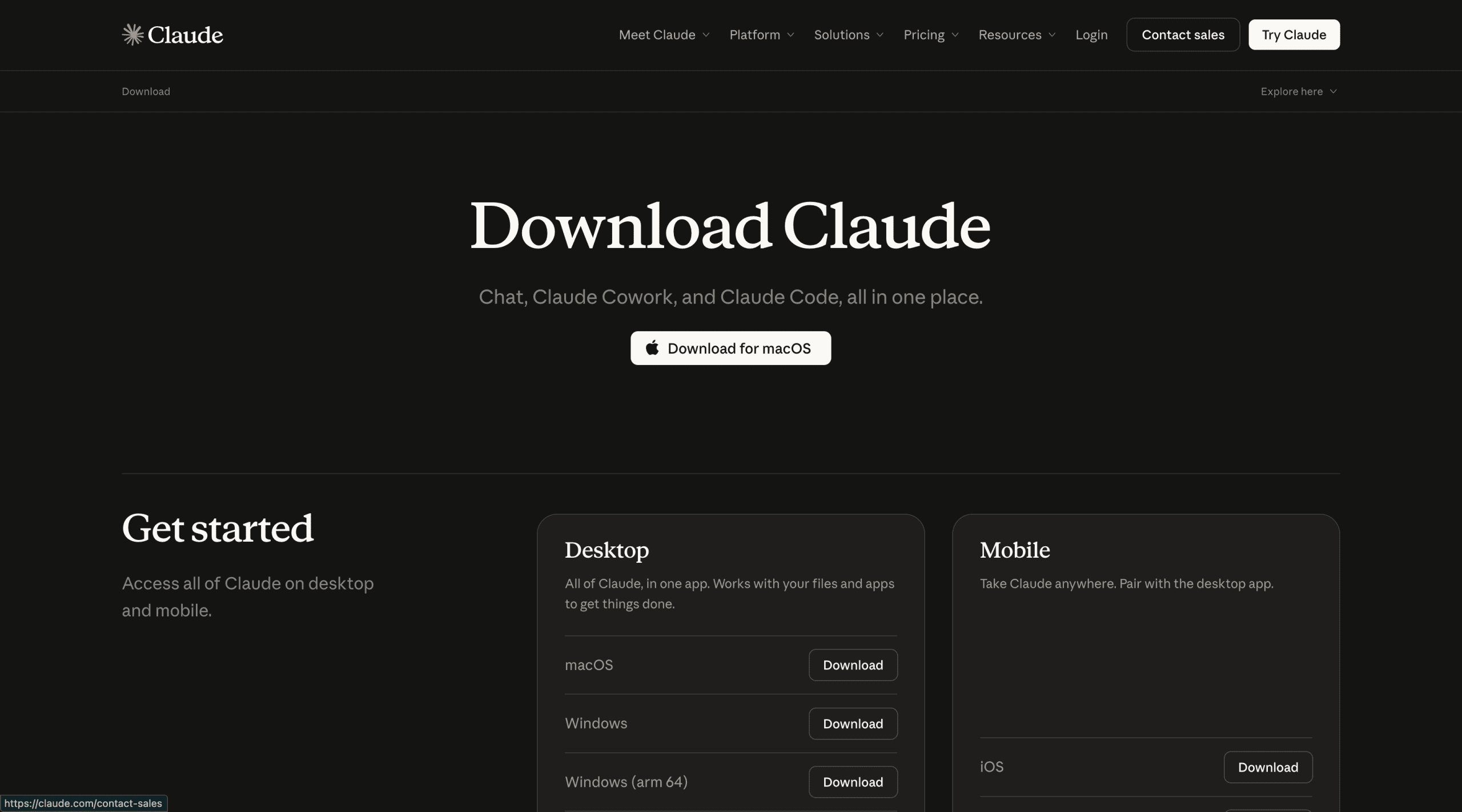 The claude.com/download page showing the macOS and Windows download options side by side, with the download buttons clearly visible.