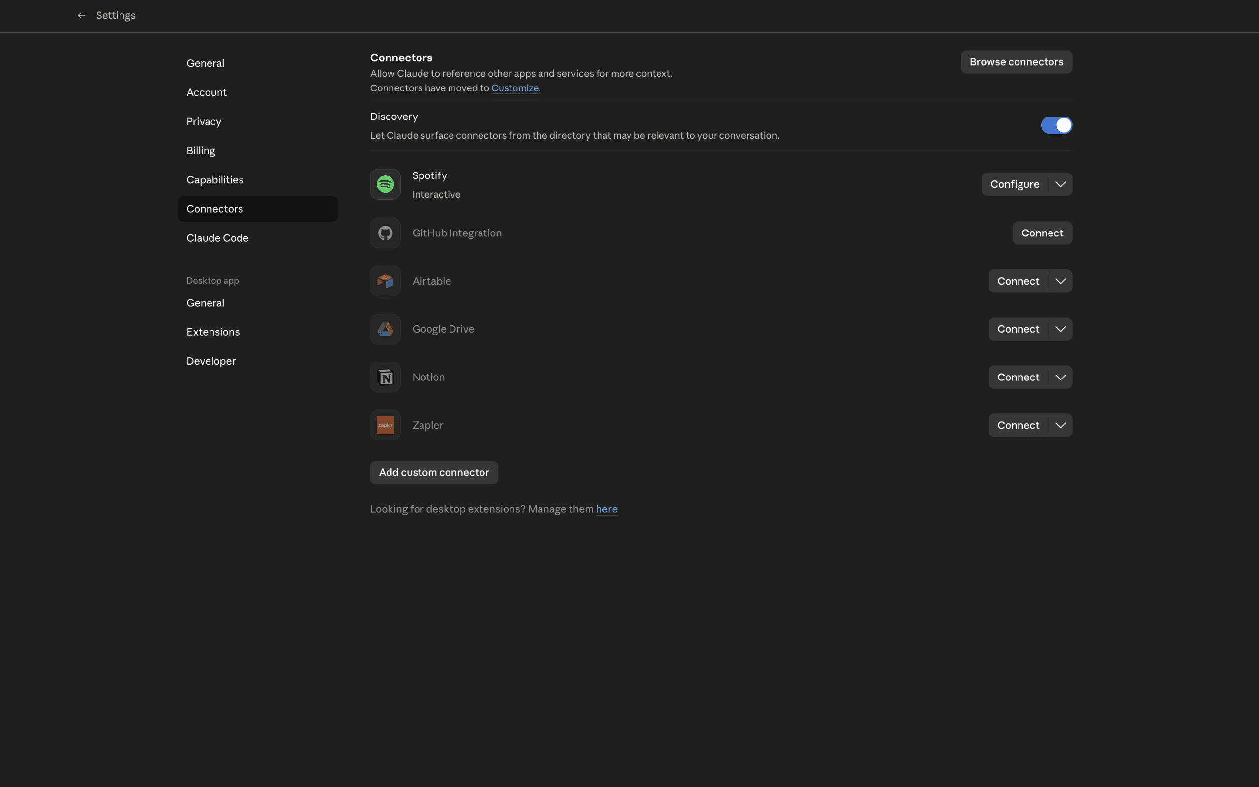 The Connectors panel inside Claude Desktop Settings, showing a grid of available integrations