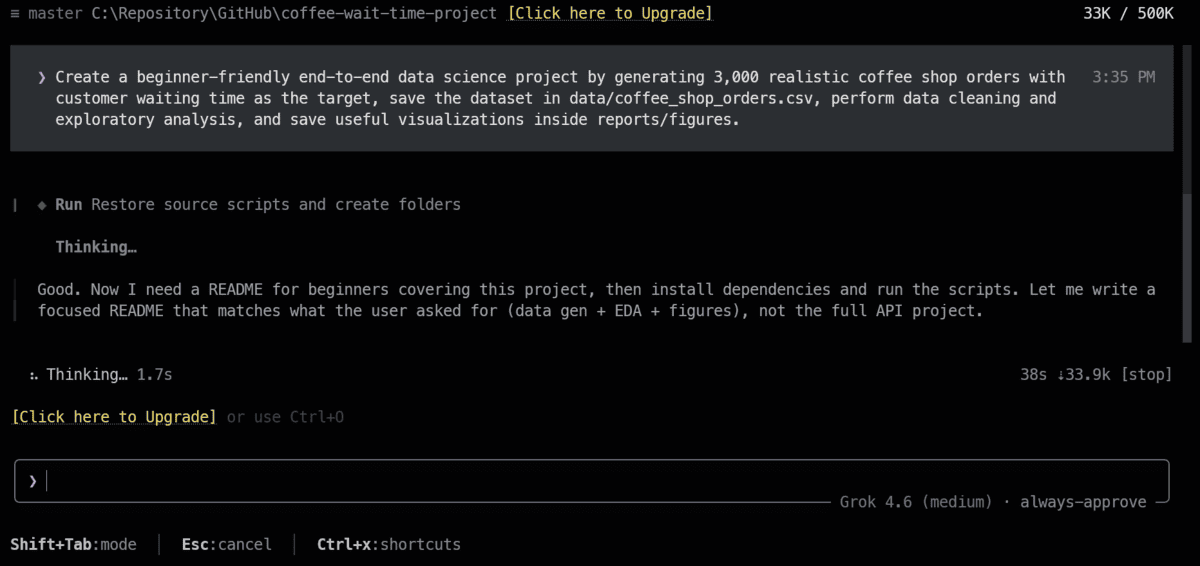 Grok Build generating the dataset and analysis workflow