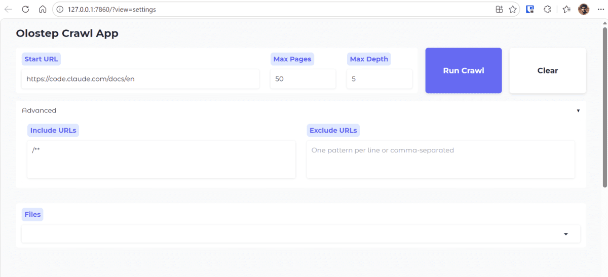 Gradio Interface for Documentation Crawling
