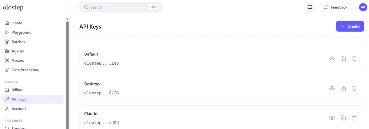 Olostep Dashboard API Key Setup