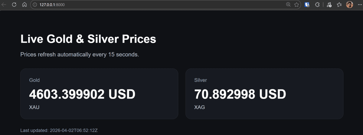 Live metals dashboard showing gold and silver prices