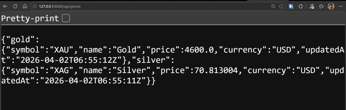 Raw JSON response from the /api/prices endpoint