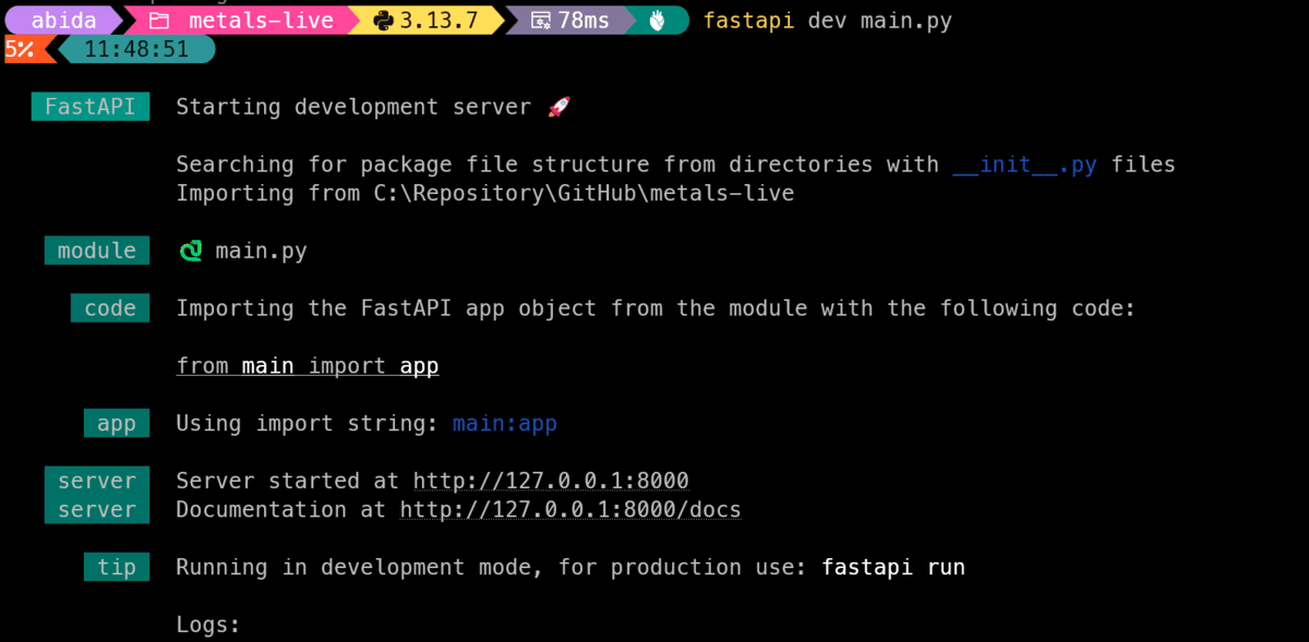 FastAPI development server running in terminal