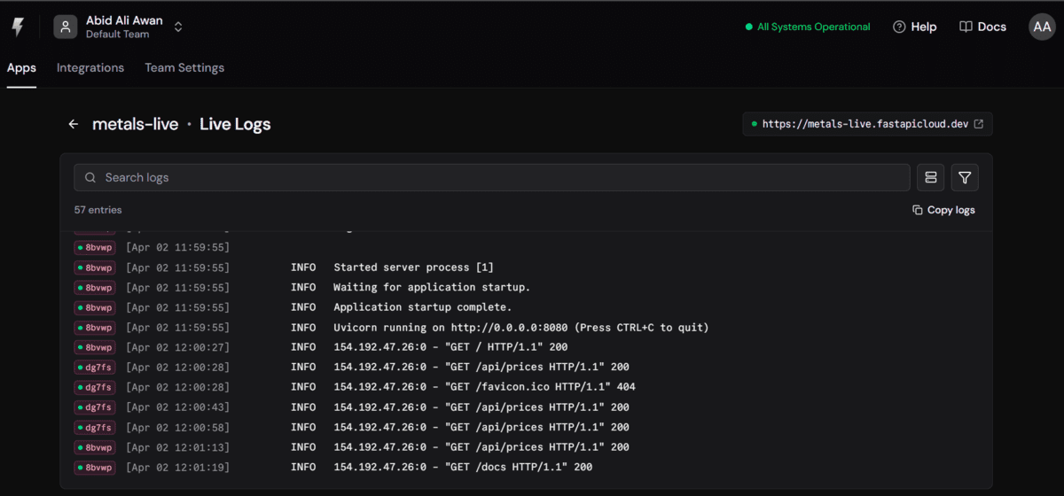 FastAPI Cloud dashboard showing app logs