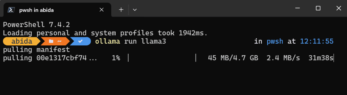 PowerShell: downloading the Llama 3 using Ollama