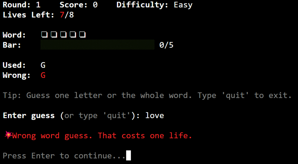 Финальная рабочая версия игры на Python в терминале