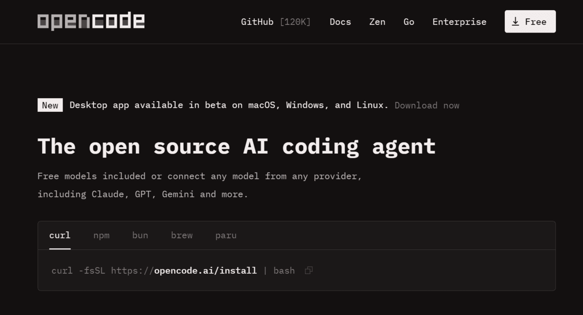 Главная страница веб-сайта OpenCode