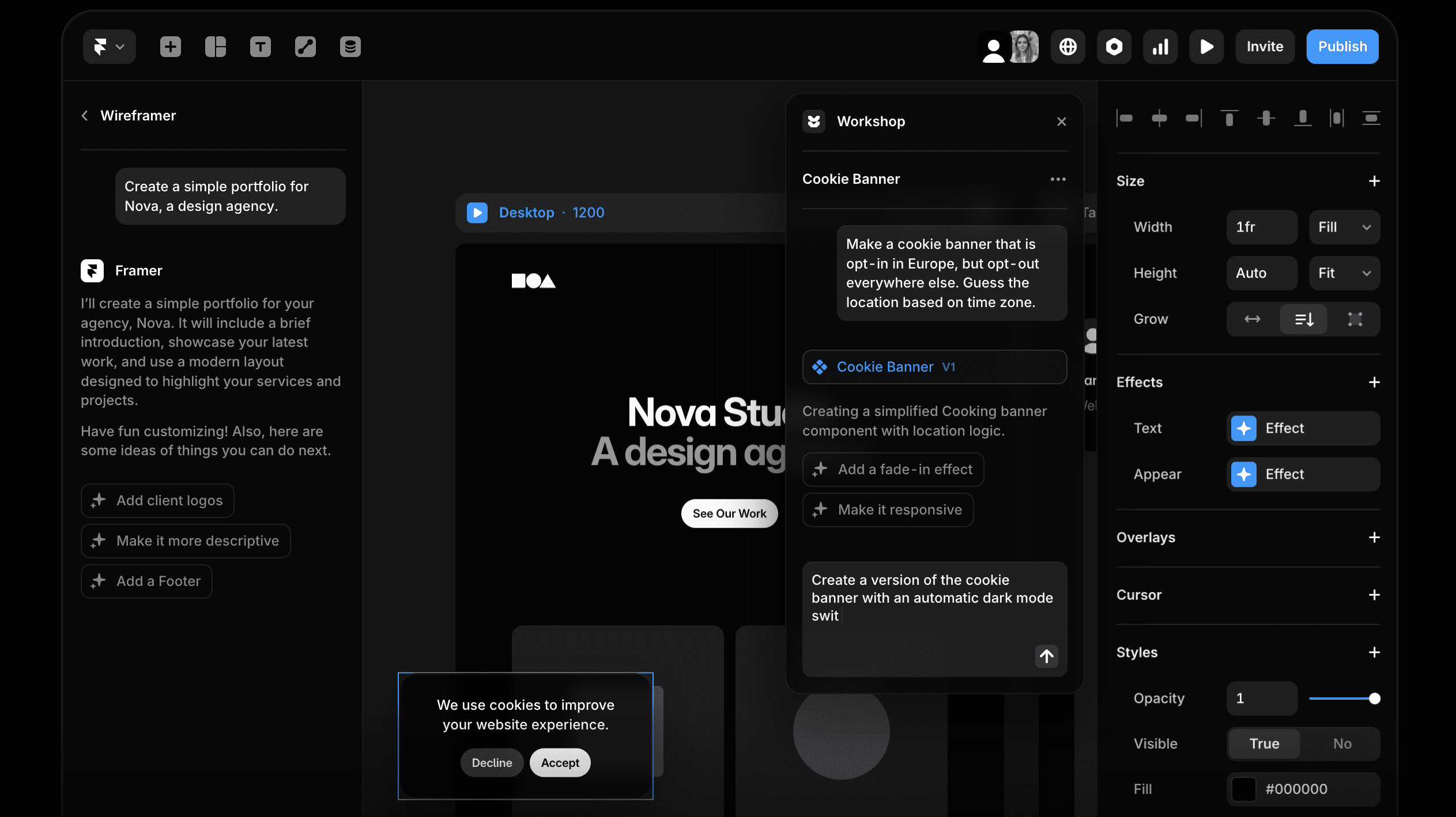 Screenshot of Framer AI interface