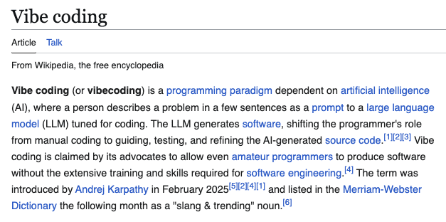 Wikipedia entry for vibe coding